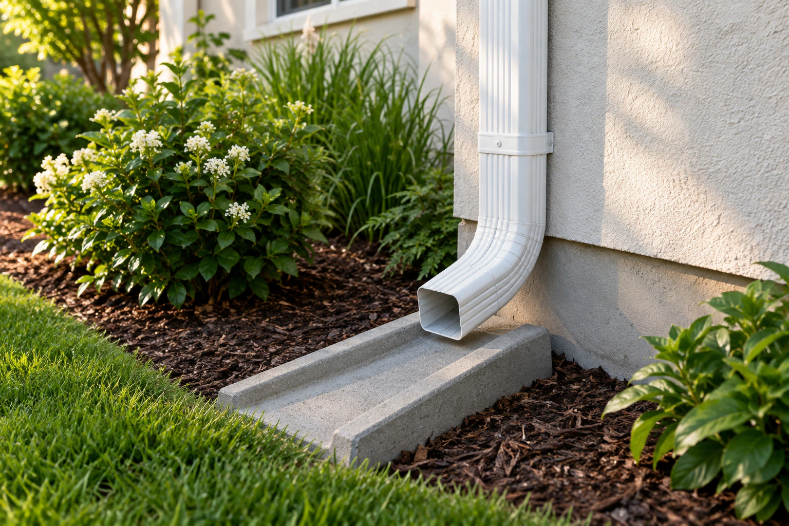 New downspout directing water onto a splash block