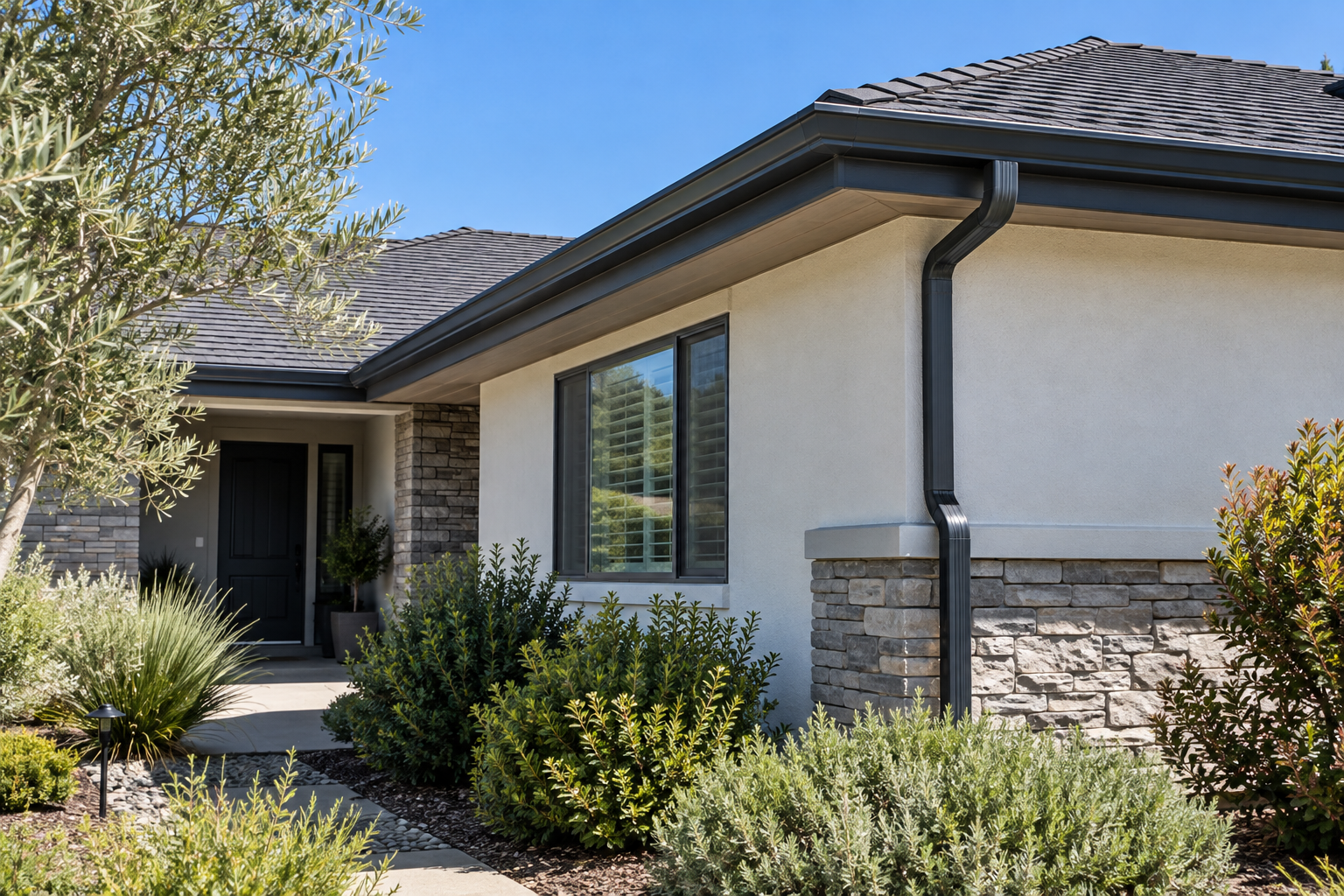 Complete coordinated residential gutter and downspout system