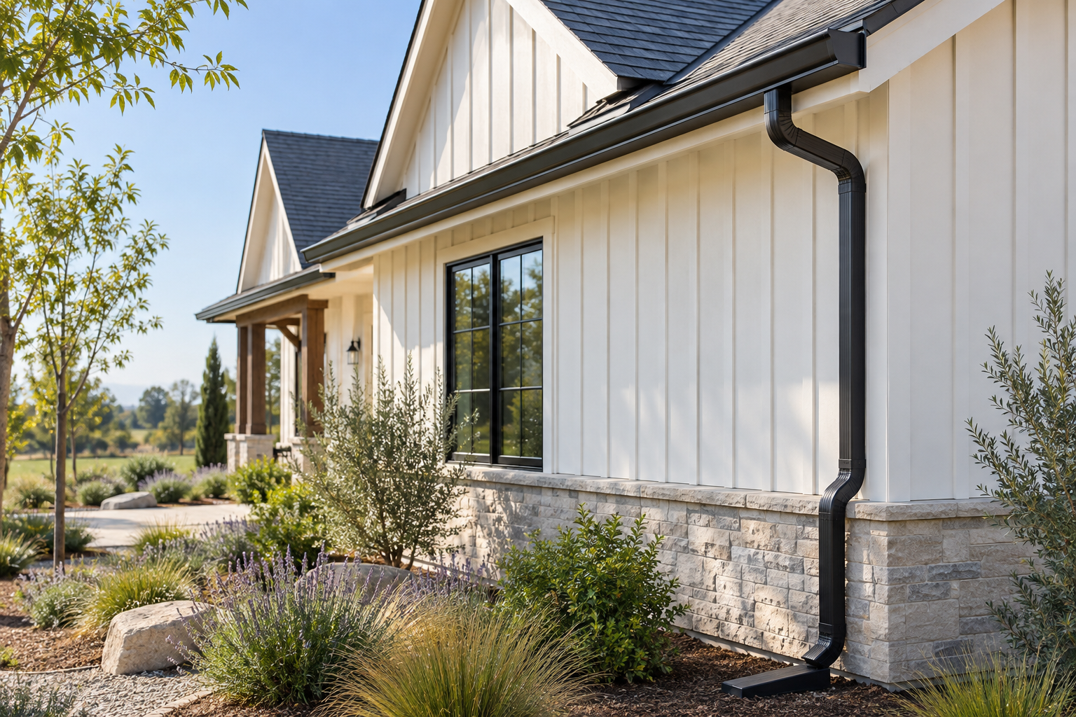 Black gutter and downspout on a modern California farmhouse